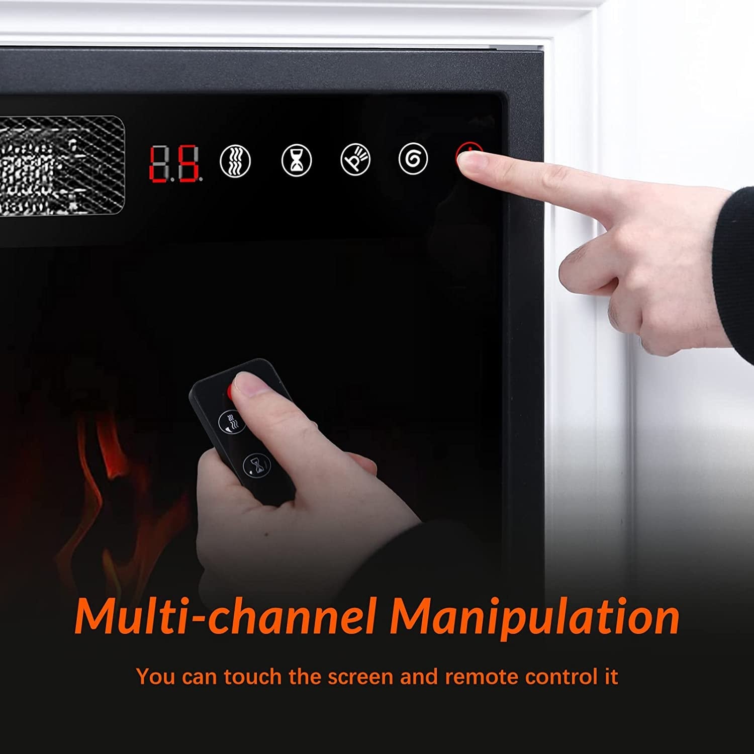 BOSSIN 43 Elektrokamin mit Kaminsims, 23-Zoll-Elektrokamineinsatz, freistehender TV-Ständer mit Kamin und hölzerner Feuerbox