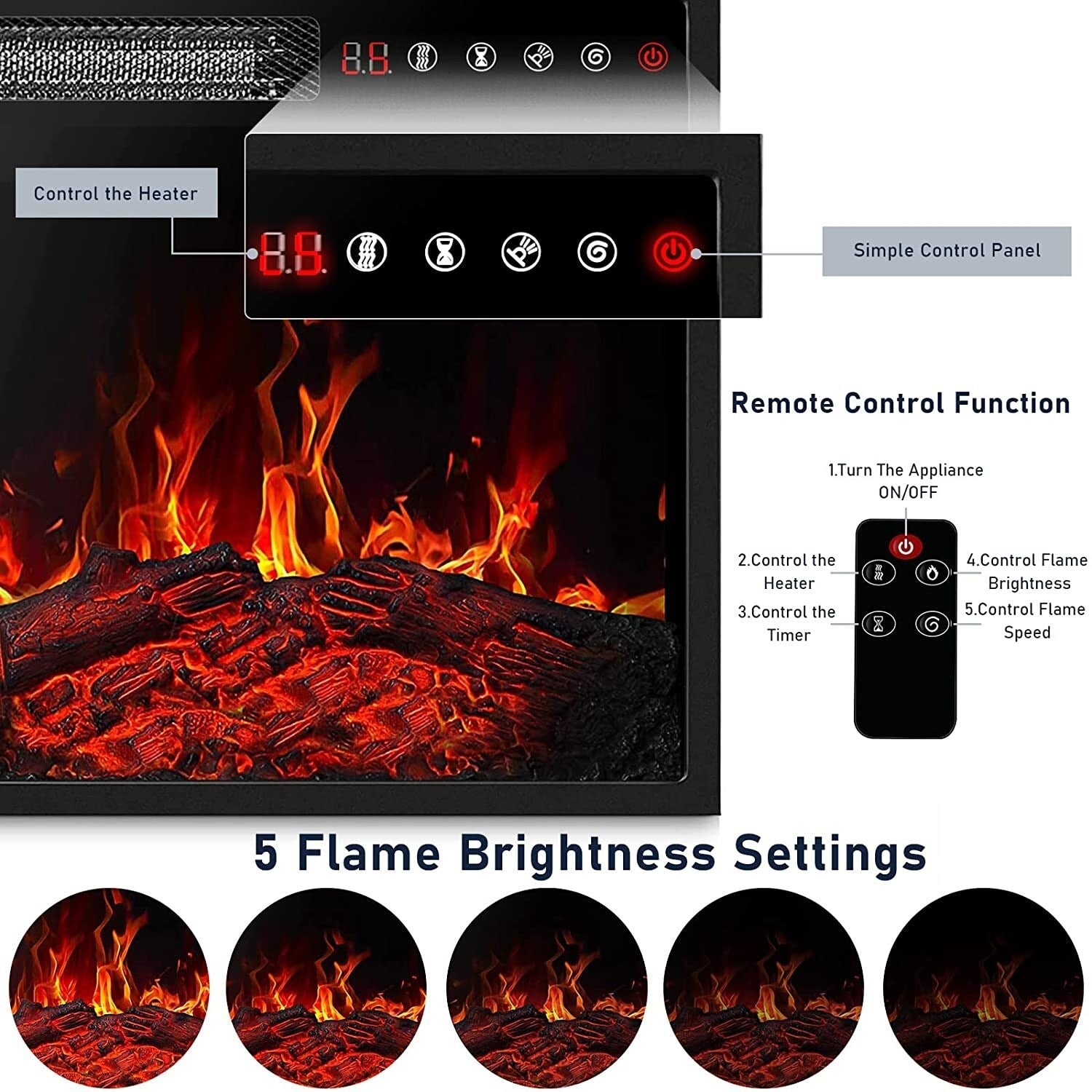 BOSSIN 43 Elektrokamin mit Kaminsims, 23-Zoll-Elektrokamineinsatz, freistehender TV-Ständer mit Kamin und hölzerner Feuerbox