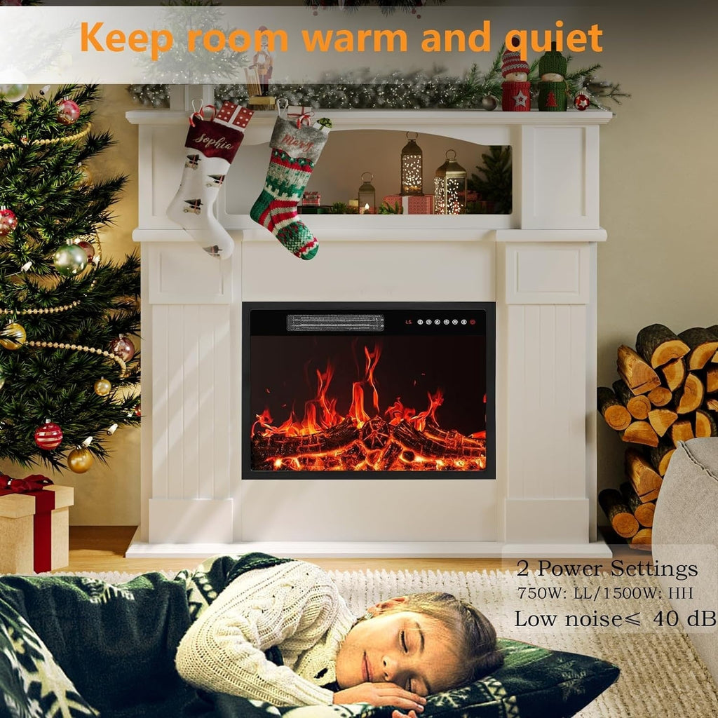 BOSSIN 43 Elektrokamin mit Kaminsims, 23-Zoll-Elektrokamineinsatz, freistehender TV-Ständer mit Kamin und hölzerner Feuerbox