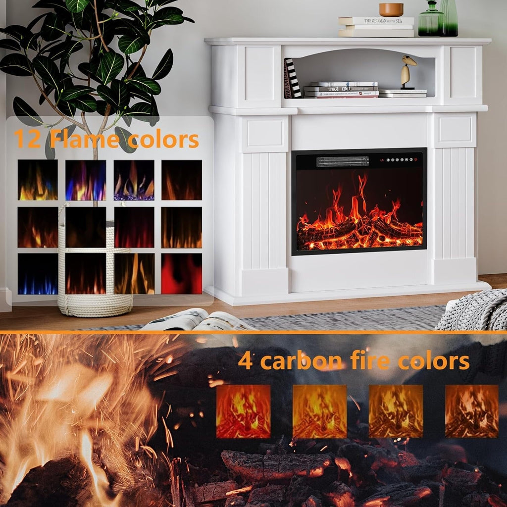 BOSSIN 43 Elektrokamin mit Kaminsims, 23-Zoll-Elektrokamineinsatz, freistehender TV-Ständer mit Kamin und hölzerner Feuerbox