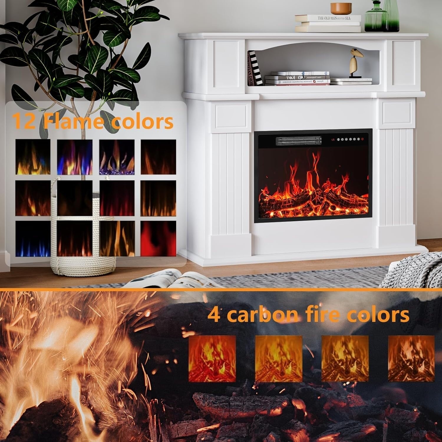 BOSSIN 43 Elektrokamin mit Kaminsims, 23-Zoll-Elektrokamineinsatz, freistehender TV-Ständer mit Kamin und hölzerner Feuerbox