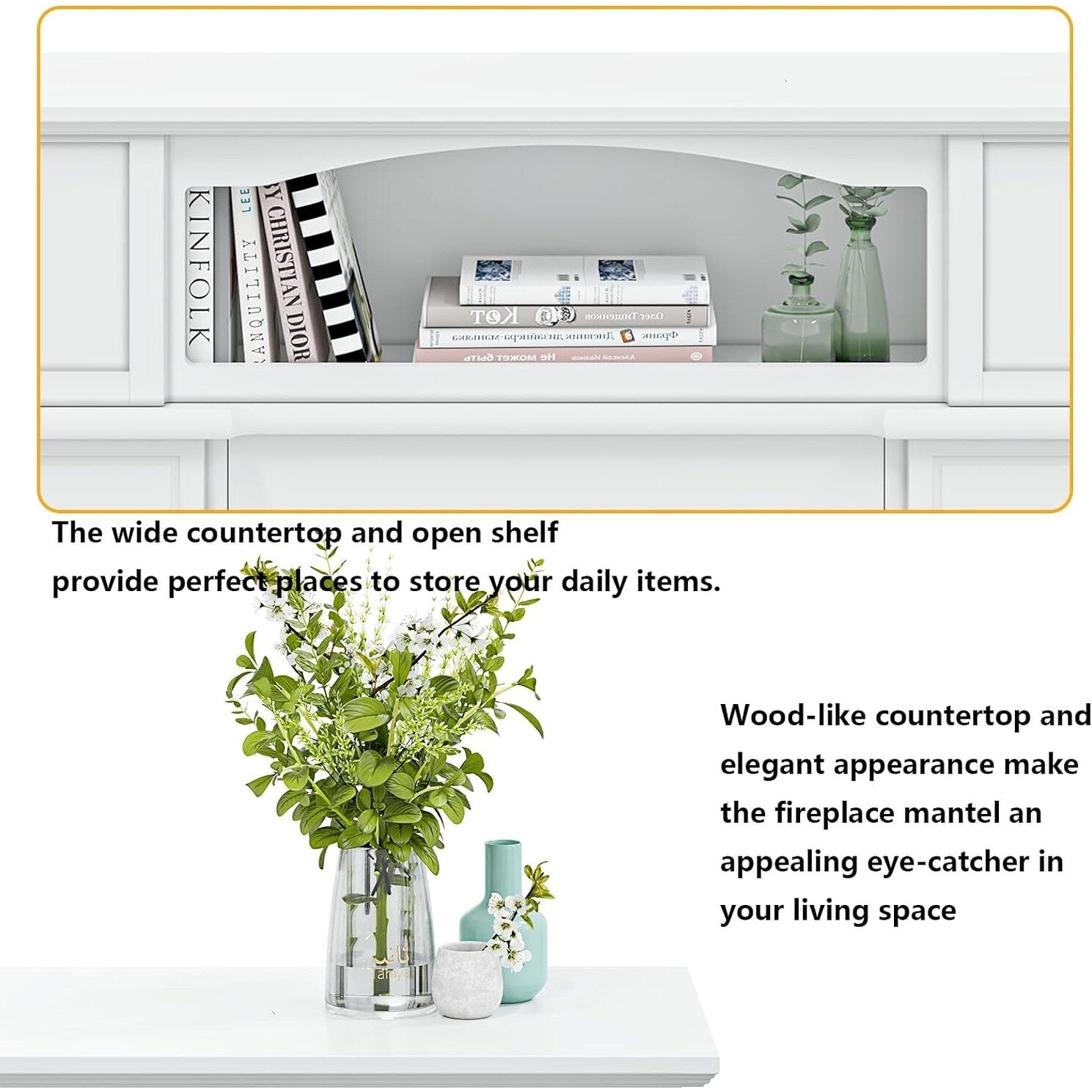 BOSSIN 43 Elektrokamin mit Kaminsims, 23-Zoll-Elektrokamineinsatz, freistehender TV-Ständer mit Kamin und hölzerner Feuerbox