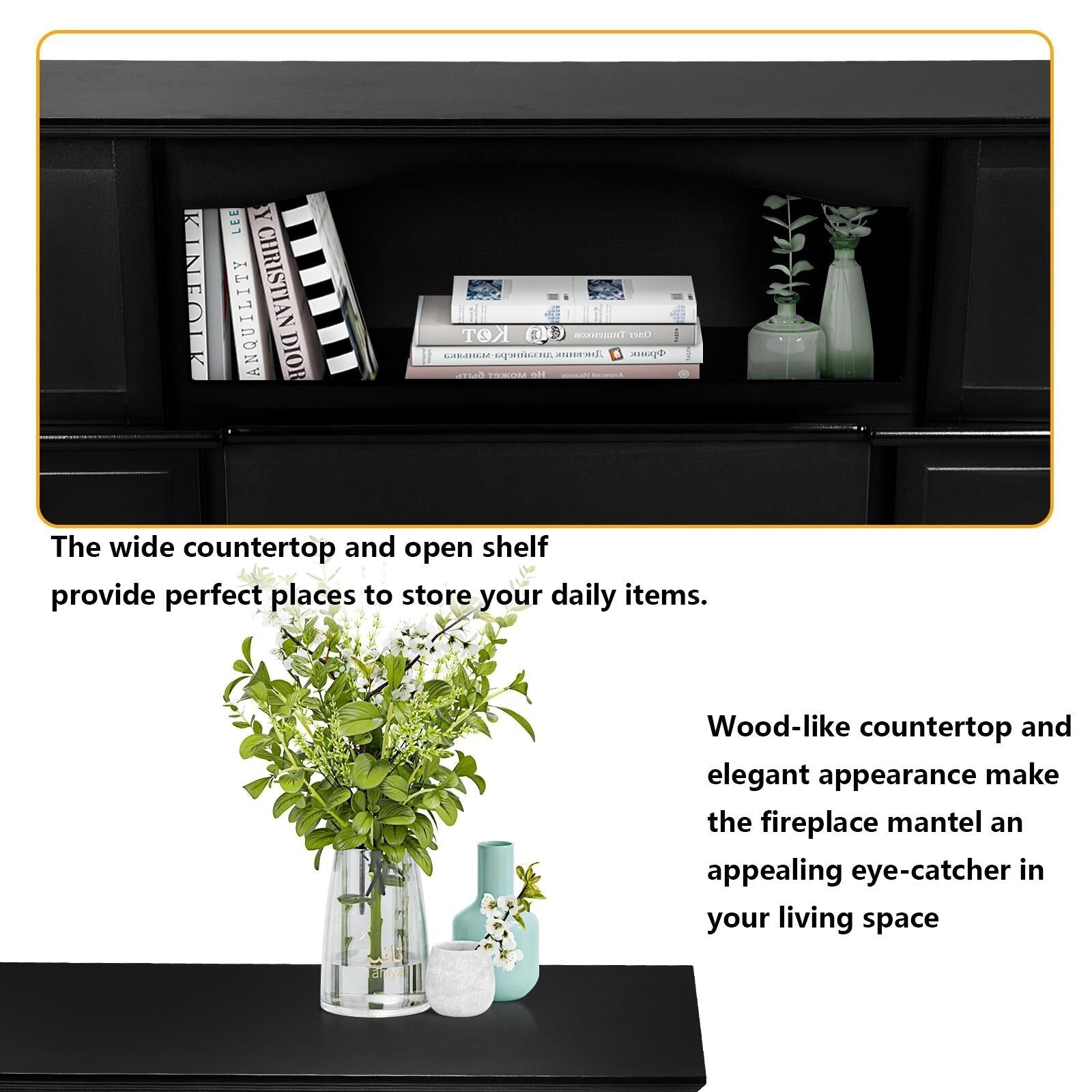 BOSSIN 43 Elektrokamin mit Kaminsims, 23-Zoll-Elektrokamineinsatz, freistehender TV-Ständer mit Kamin und hölzerner Feuerbox