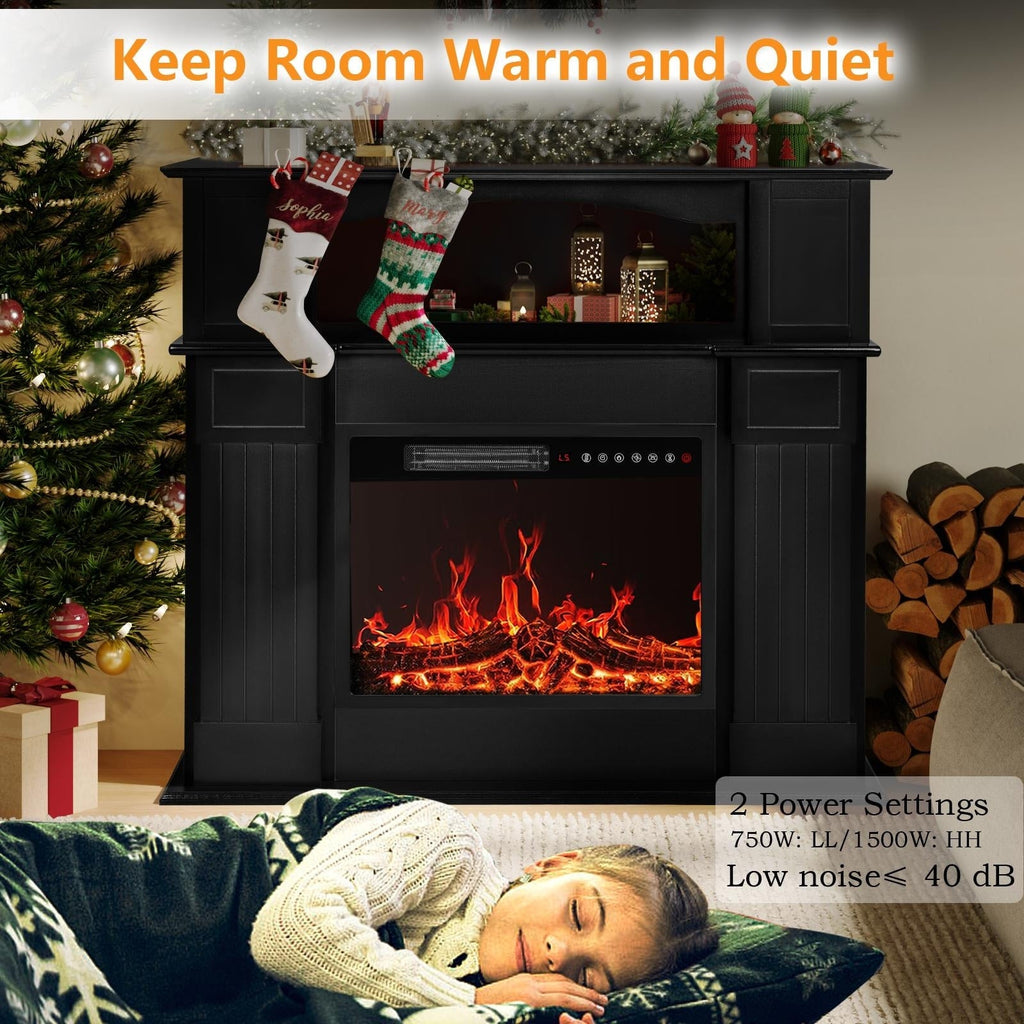 BOSSIN 43 Elektrokamin mit Kaminsims, 23-Zoll-Elektrokamineinsatz, freistehender TV-Ständer mit Kamin und hölzerner Feuerbox