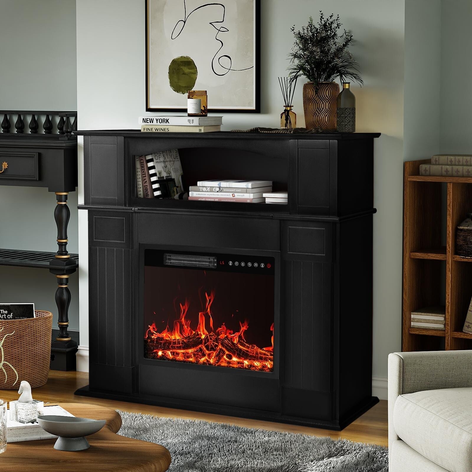 BOSSIN 43 Elektrokamin mit Kaminsims, 23-Zoll-Elektrokamineinsatz, freistehender TV-Ständer mit Kamin und hölzerner Feuerbox