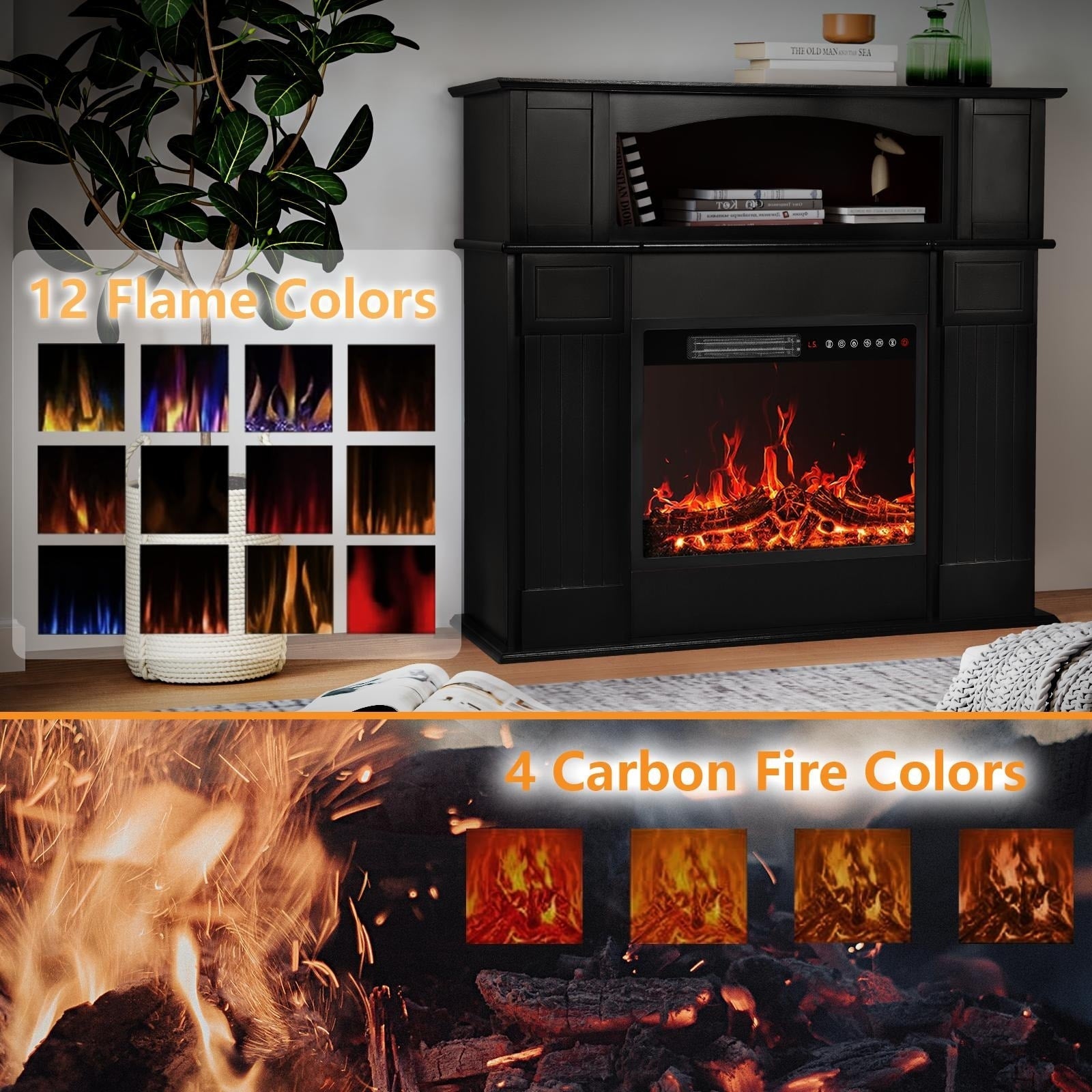 BOSSIN 43 Elektrokamin mit Kaminsims, 23-Zoll-Elektrokamineinsatz, freistehender TV-Ständer mit Kamin und hölzerner Feuerbox