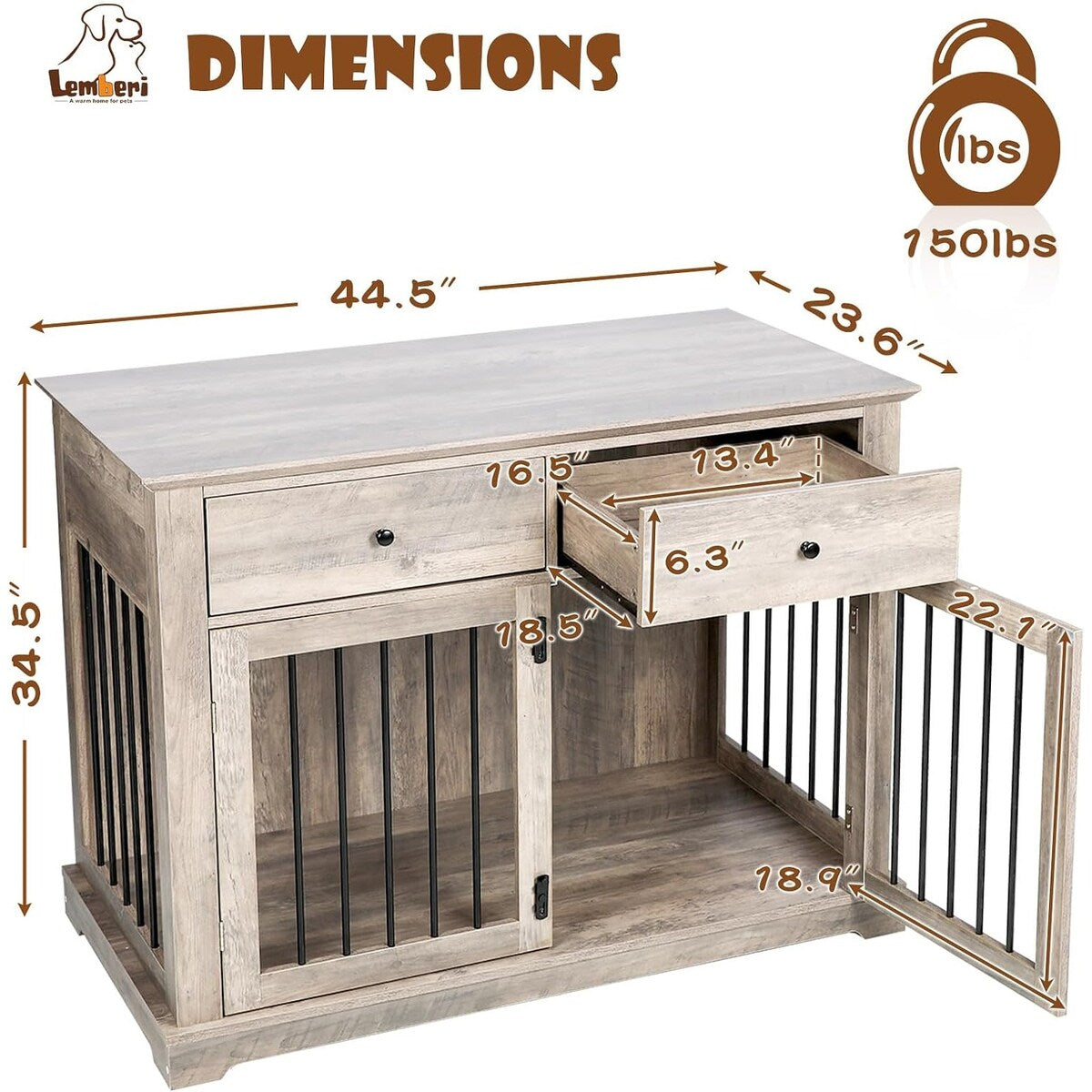 BOSSIN 112 cm große Hundebox, Beistelltisch aus Holz mit Schubladen, dekorative Hundebox/Hundehütte