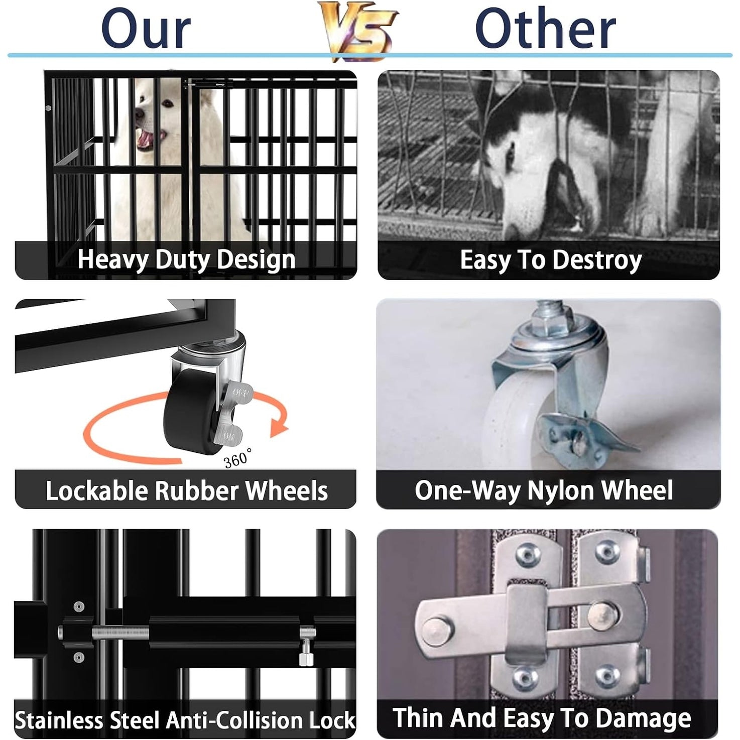 BOSSIN 48/38 Zoll (ca. 122/97 cm) robuste, unzerstörbare Hundebox, ausbruchsicherer Hundekäfig mit feststellbaren Rädern