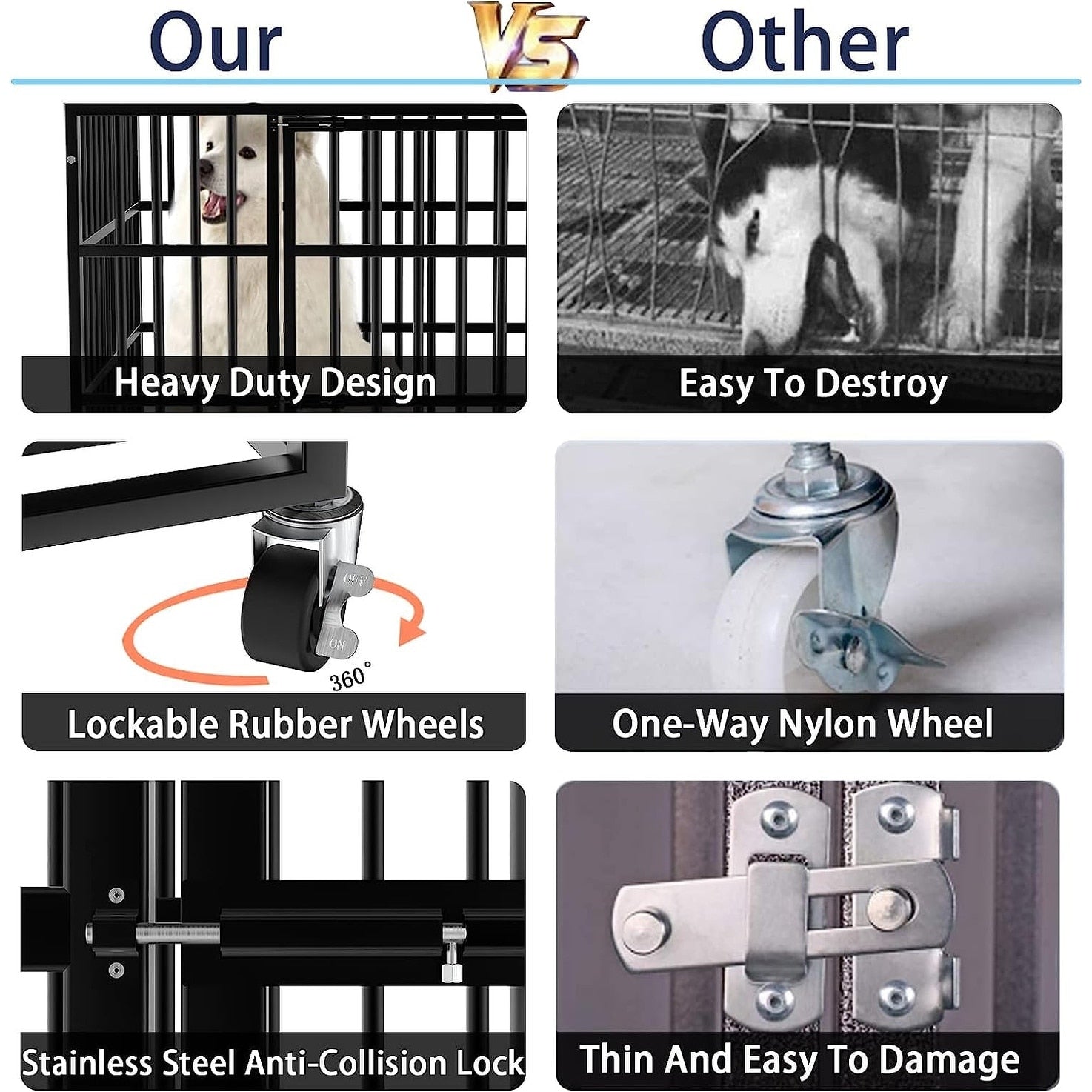 BOSSIN 48/38 Zoll (ca. 122/97 cm) robuste, unzerstörbare Hundebox, ausbruchsicherer Hundekäfig mit feststellbaren Rädern