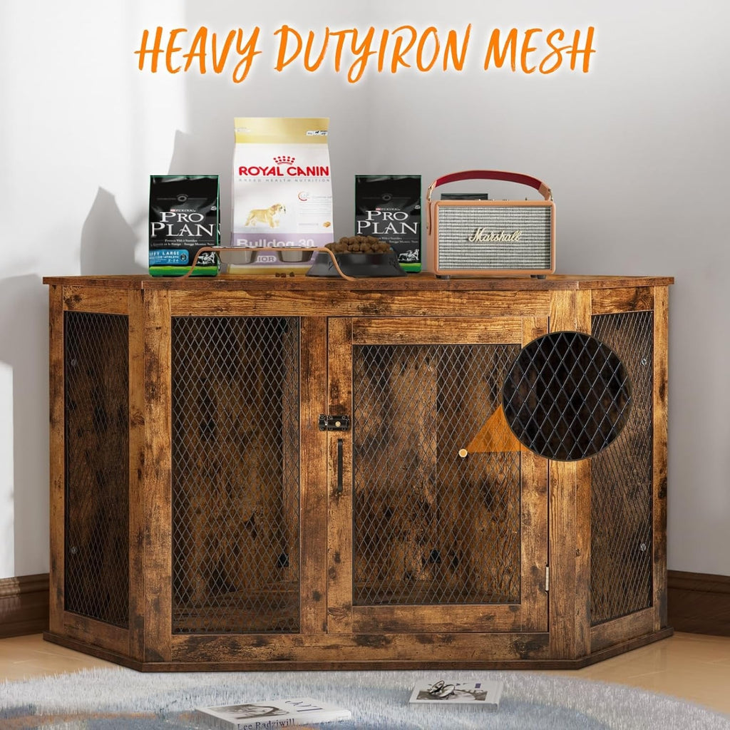 BOSSIN Eck-Hundebox, 44/52 Zoll (ca. 112/132 cm) große Hundehütte aus Holz mit Drahtgeflecht, dekoratives Hundehaus aus Holz für den Innenbereich
