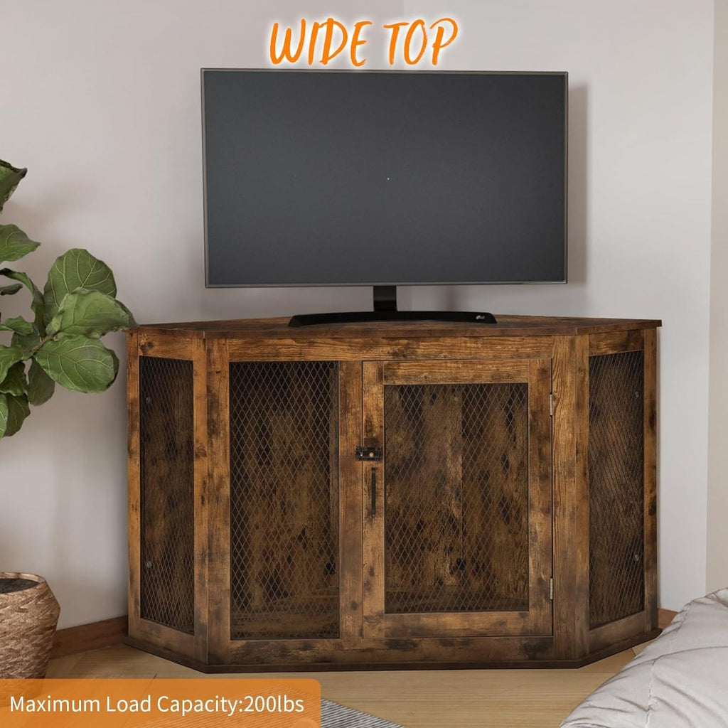 BOSSIN Eck-Hundebox, 44/52 Zoll (ca. 112/132 cm) große Hundehütte aus Holz mit Drahtgeflecht, dekoratives Hundehaus aus Holz für den Innenbereich