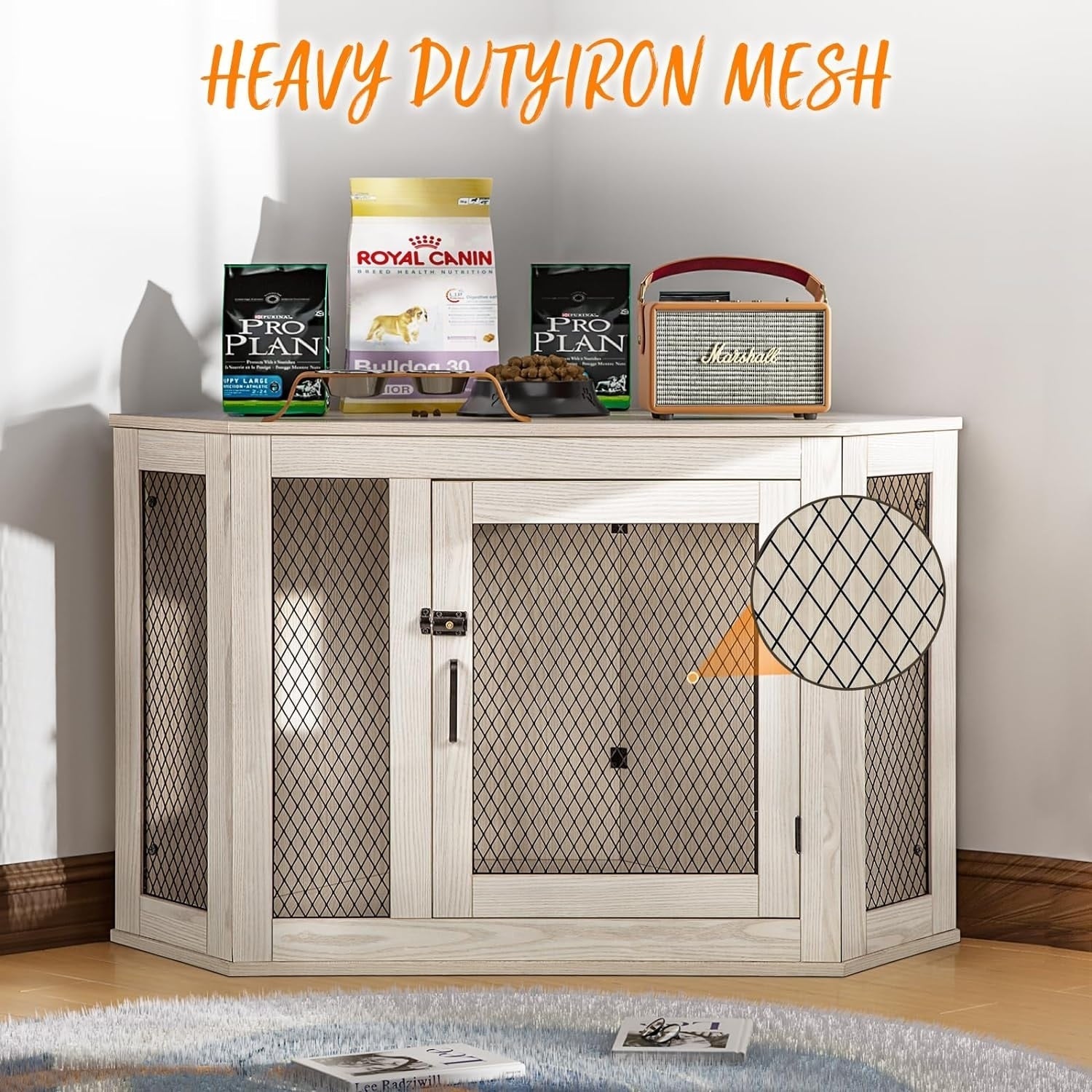 BOSSIN Eck-Hundebox, 44/52 Zoll (ca. 112/132 cm) große Hundehütte aus Holz mit Drahtgeflecht, dekoratives Hundehaus aus Holz für den Innenbereich