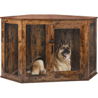 BOSSIN Eck-Hundebox, 44/52 Zoll (ca. 112/132 cm) große Hundehütte aus Holz mit Drahtgeflecht, dekoratives Hundehaus aus Holz für den Innenbereich