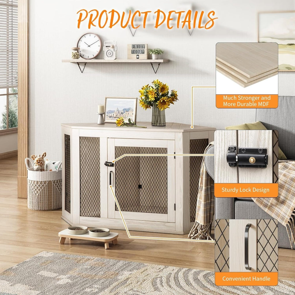 BOSSIN Eck-Hundebox, 44/52 Zoll (ca. 112/132 cm) große Hundehütte aus Holz mit Drahtgeflecht, dekoratives Hundehaus aus Holz für den Innenbereich