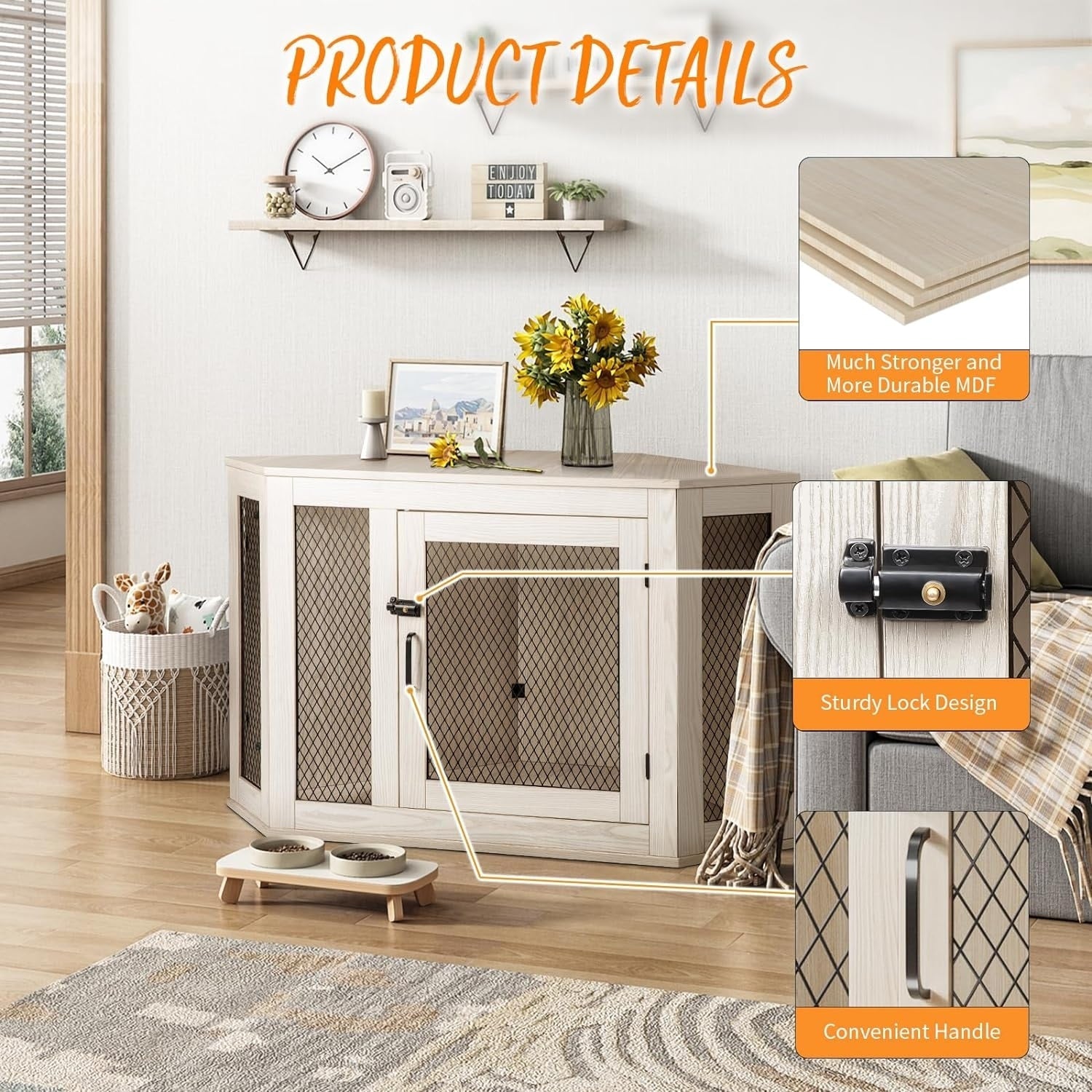 BOSSIN Eck-Hundebox, 44/52 Zoll (ca. 112/132 cm) große Hundehütte aus Holz mit Drahtgeflecht, dekoratives Hundehaus aus Holz für den Innenbereich