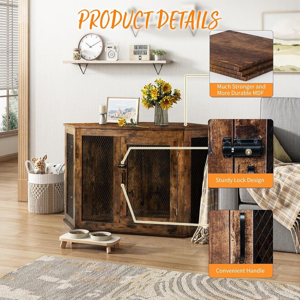 BOSSIN Eck-Hundebox, 44/52 Zoll (ca. 112/132 cm) große Hundehütte aus Holz mit Drahtgeflecht, dekoratives Hundehaus aus Holz für den Innenbereich