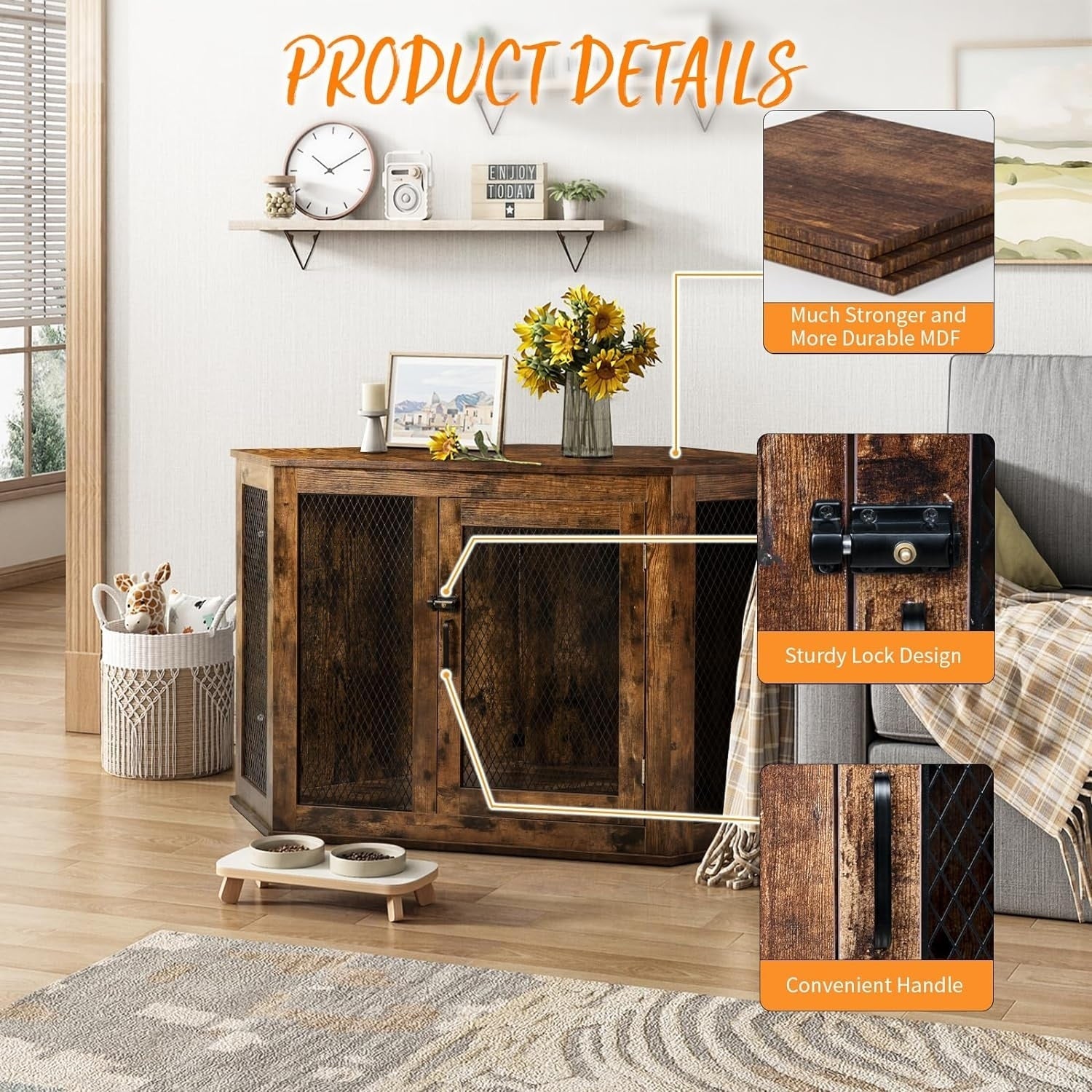 BOSSIN Eck-Hundebox, 44/52 Zoll (ca. 112/132 cm) große Hundehütte aus Holz mit Drahtgeflecht, dekoratives Hundehaus aus Holz für den Innenbereich