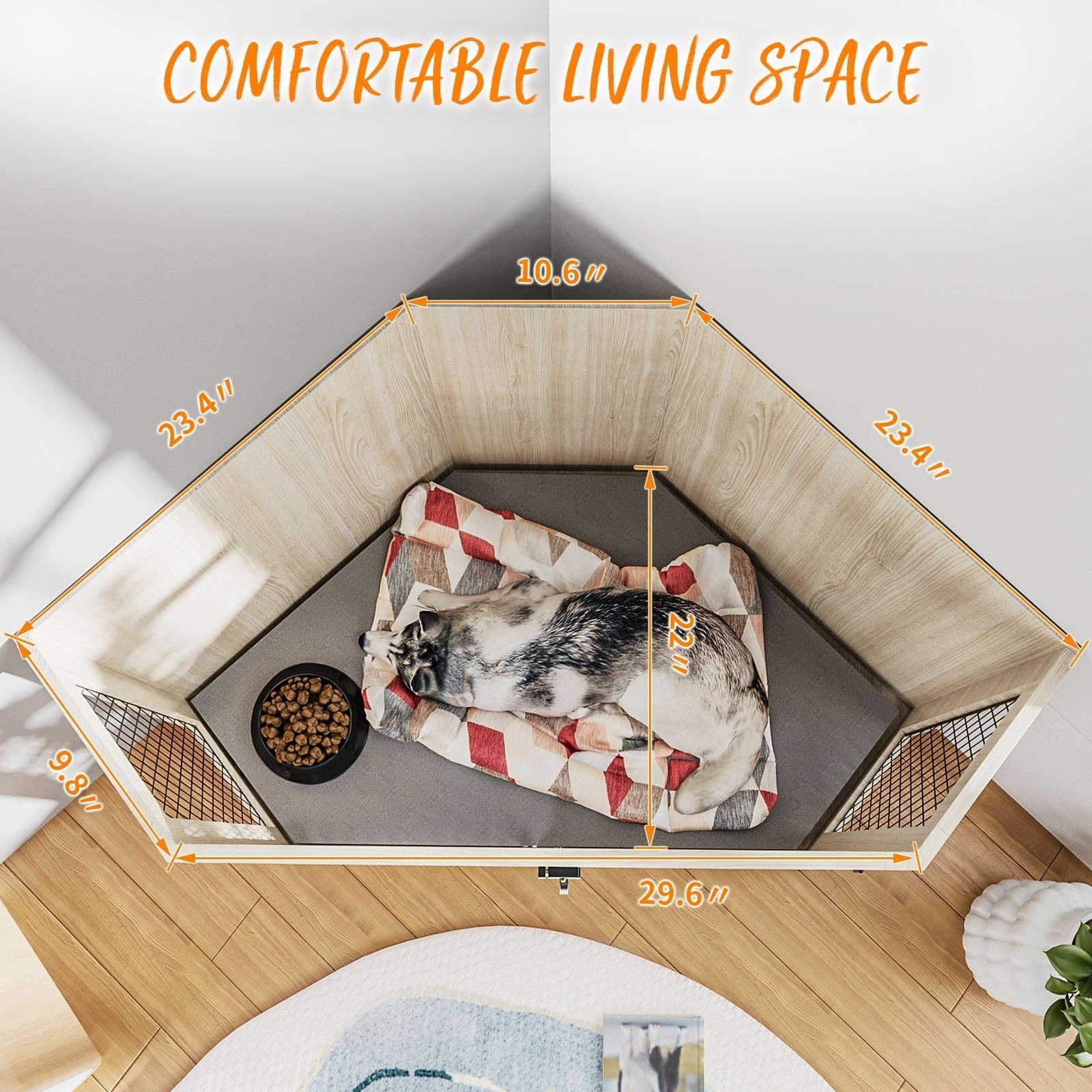 BOSSIN Eck-Hundebox, 44/52 Zoll (ca. 112/132 cm) große Hundehütte aus Holz mit Drahtgeflecht, dekoratives Hundehaus aus Holz für den Innenbereich