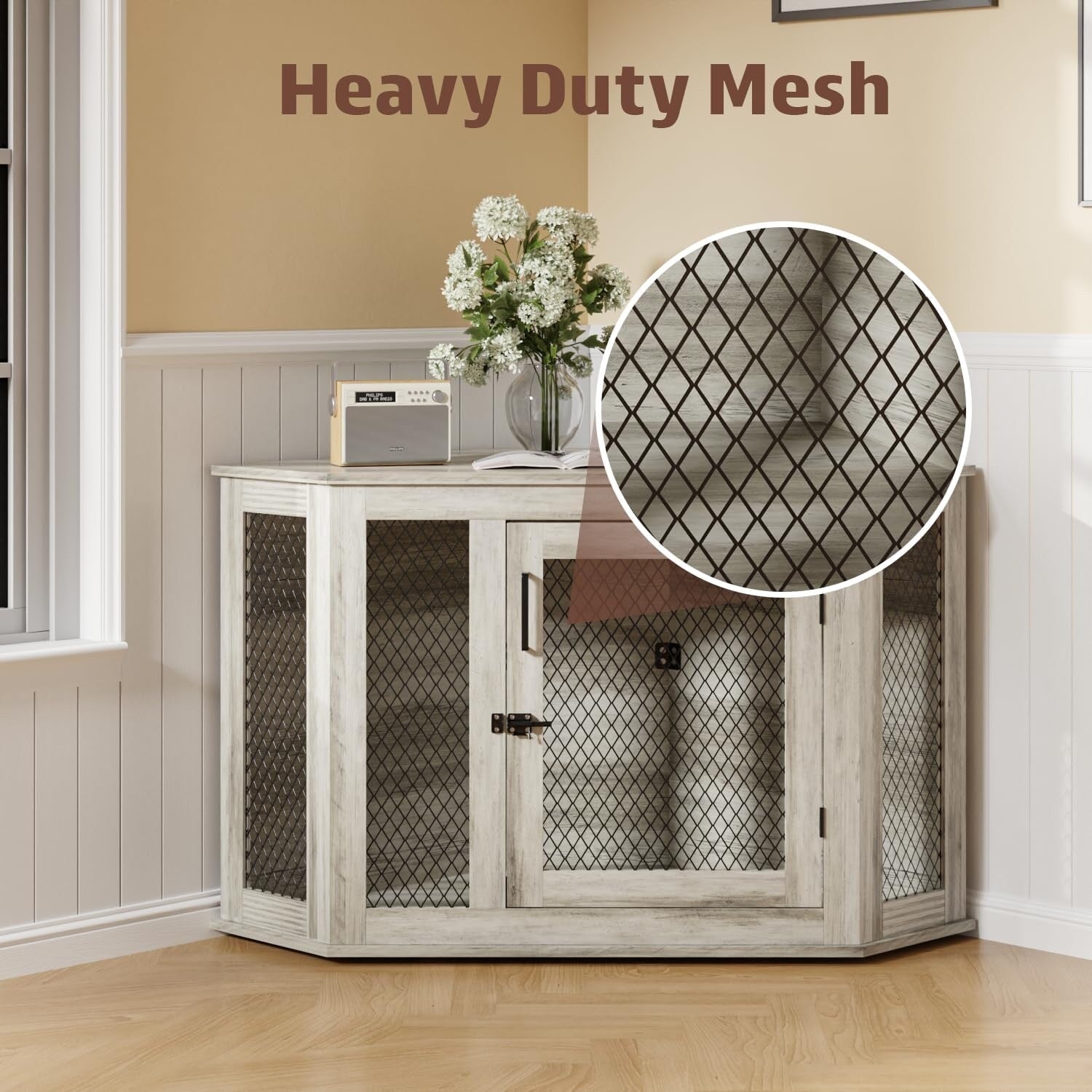 BOSSIN Eck-Hundebox, 44/52 Zoll (ca. 112/132 cm) große Hundehütte aus Holz mit Drahtgeflecht, dekoratives Hundehaus aus Holz für den Innenbereich