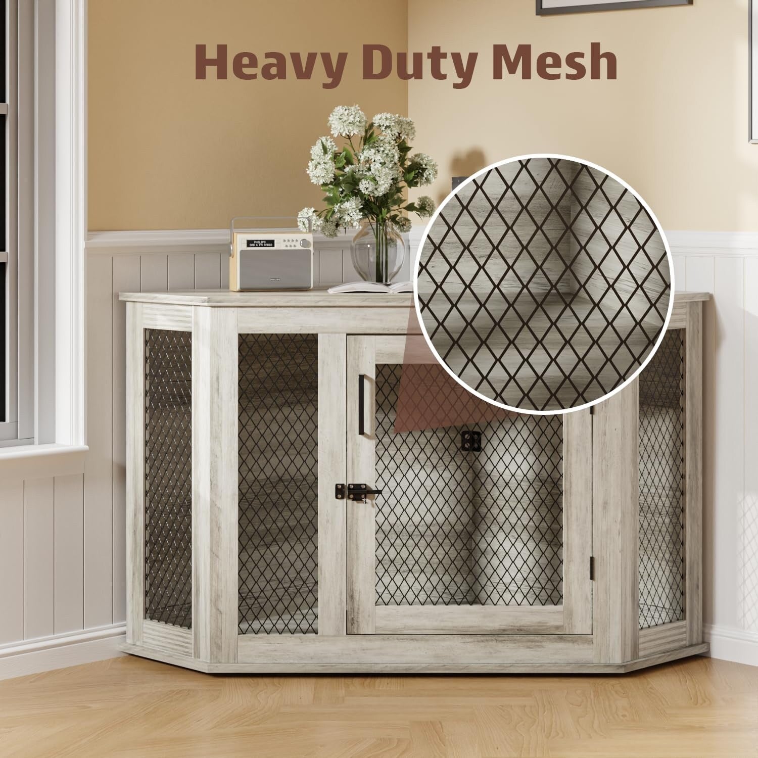 BOSSIN Eck-Hundebox, 44/52 Zoll (ca. 112/132 cm) große Hundehütte aus Holz mit Drahtgeflecht, dekoratives Hundehaus aus Holz für den Innenbereich