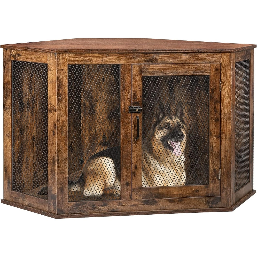 BOSSIN Eck-Hundebox, 44/52 Zoll (ca. 112/132 cm) große Hundehütte aus Holz mit Drahtgeflecht, dekoratives Hundehaus aus Holz für den Innenbereich