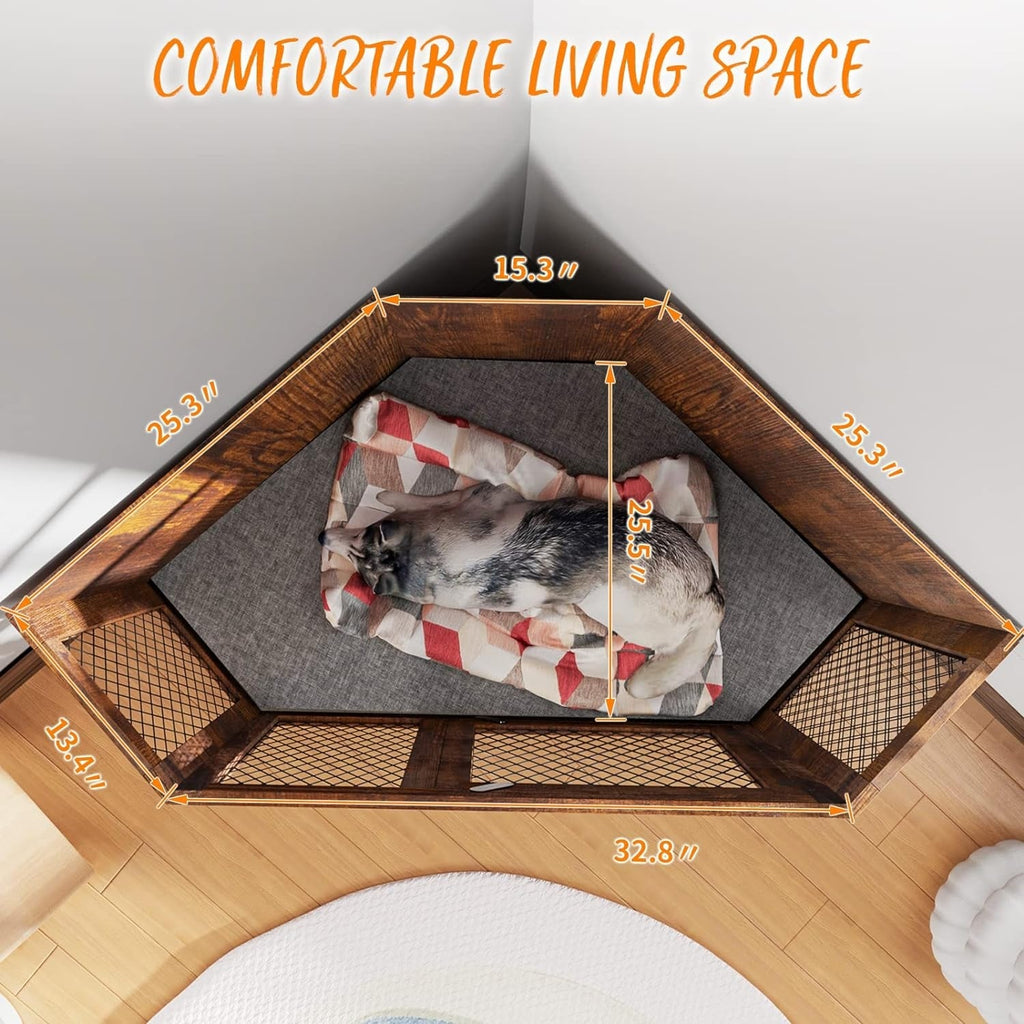 BOSSIN Eck-Hundebox, 44/52 Zoll (ca. 112/132 cm) große Hundehütte aus Holz mit Drahtgeflecht, dekoratives Hundehaus aus Holz für den Innenbereich