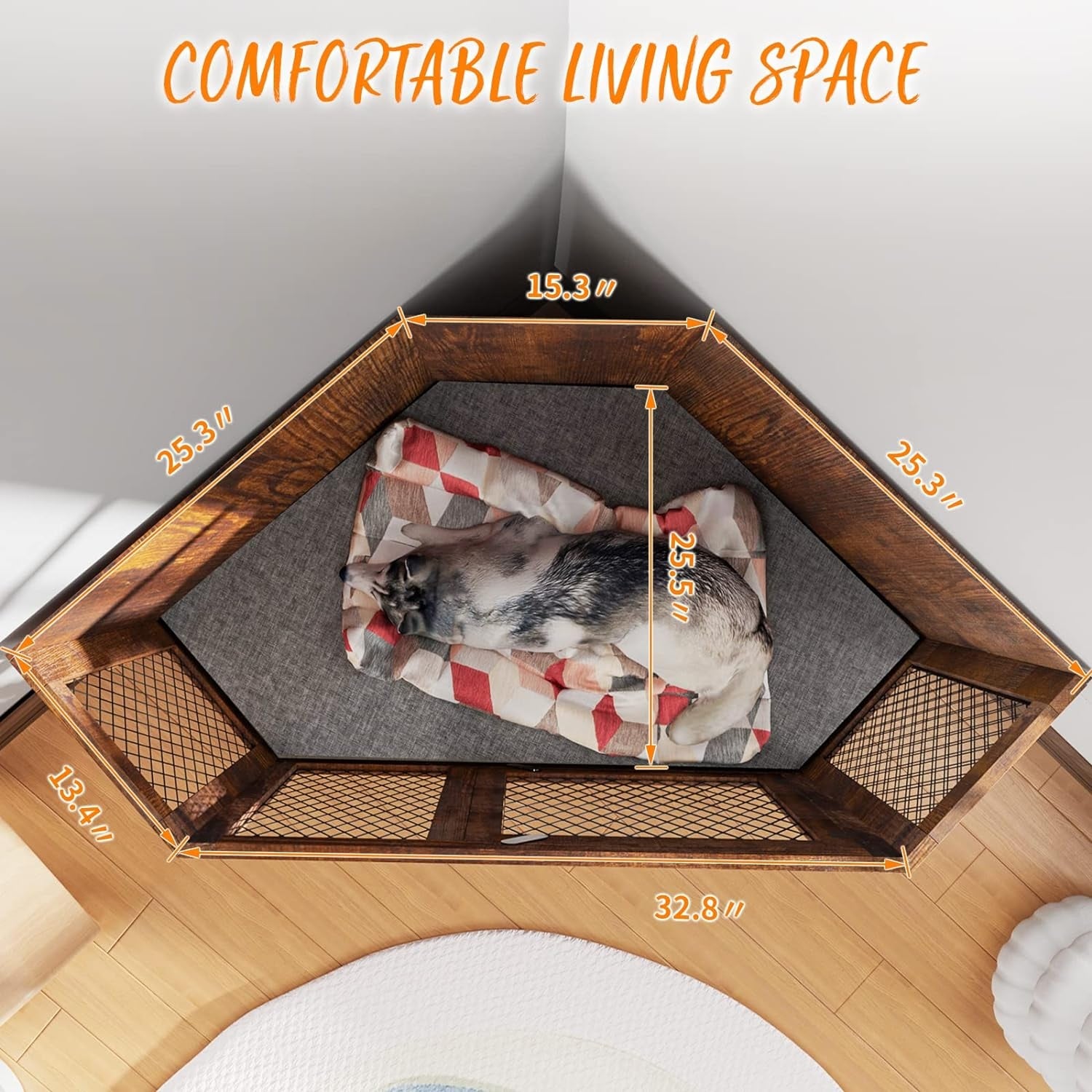 BOSSIN Eck-Hundebox, 44/52 Zoll (ca. 112/132 cm) große Hundehütte aus Holz mit Drahtgeflecht, dekoratives Hundehaus aus Holz für den Innenbereich