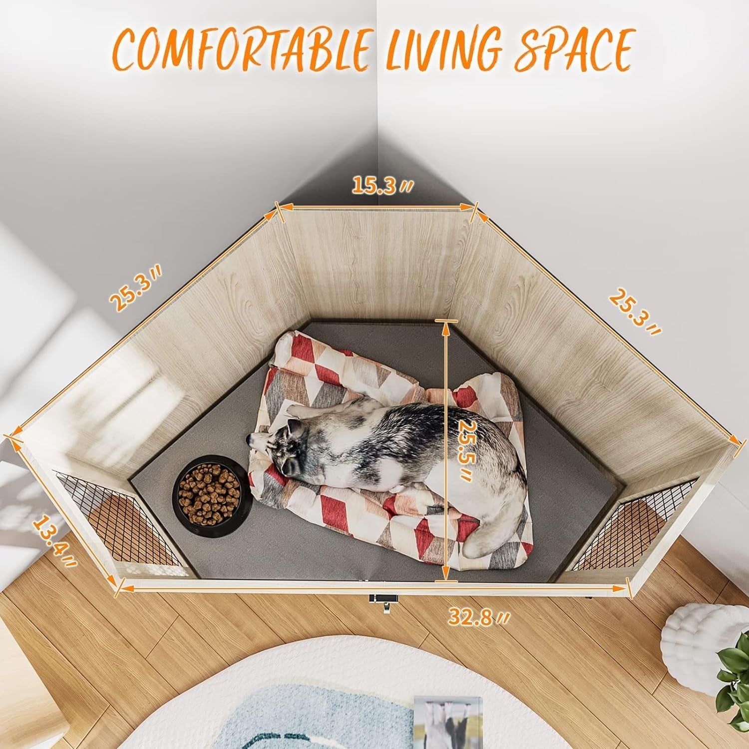 BOSSIN Eck-Hundebox, 44/52 Zoll (ca. 112/132 cm) große Hundehütte aus Holz mit Drahtgeflecht, dekoratives Hundehaus aus Holz für den Innenbereich