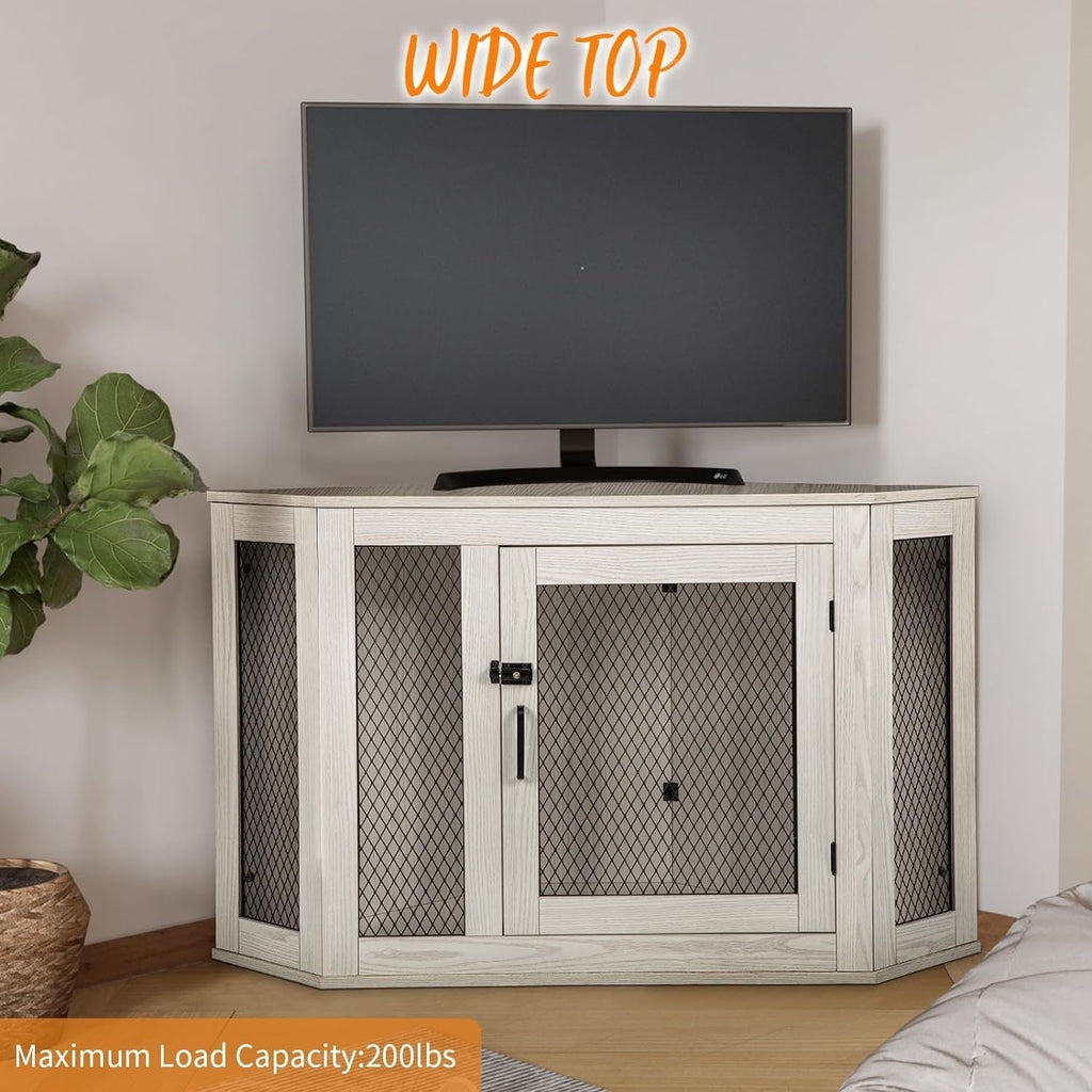 BOSSIN Eck-Hundebox, 44/52 Zoll (ca. 112/132 cm) große Hundehütte aus Holz mit Drahtgeflecht, dekoratives Hundehaus aus Holz für den Innenbereich