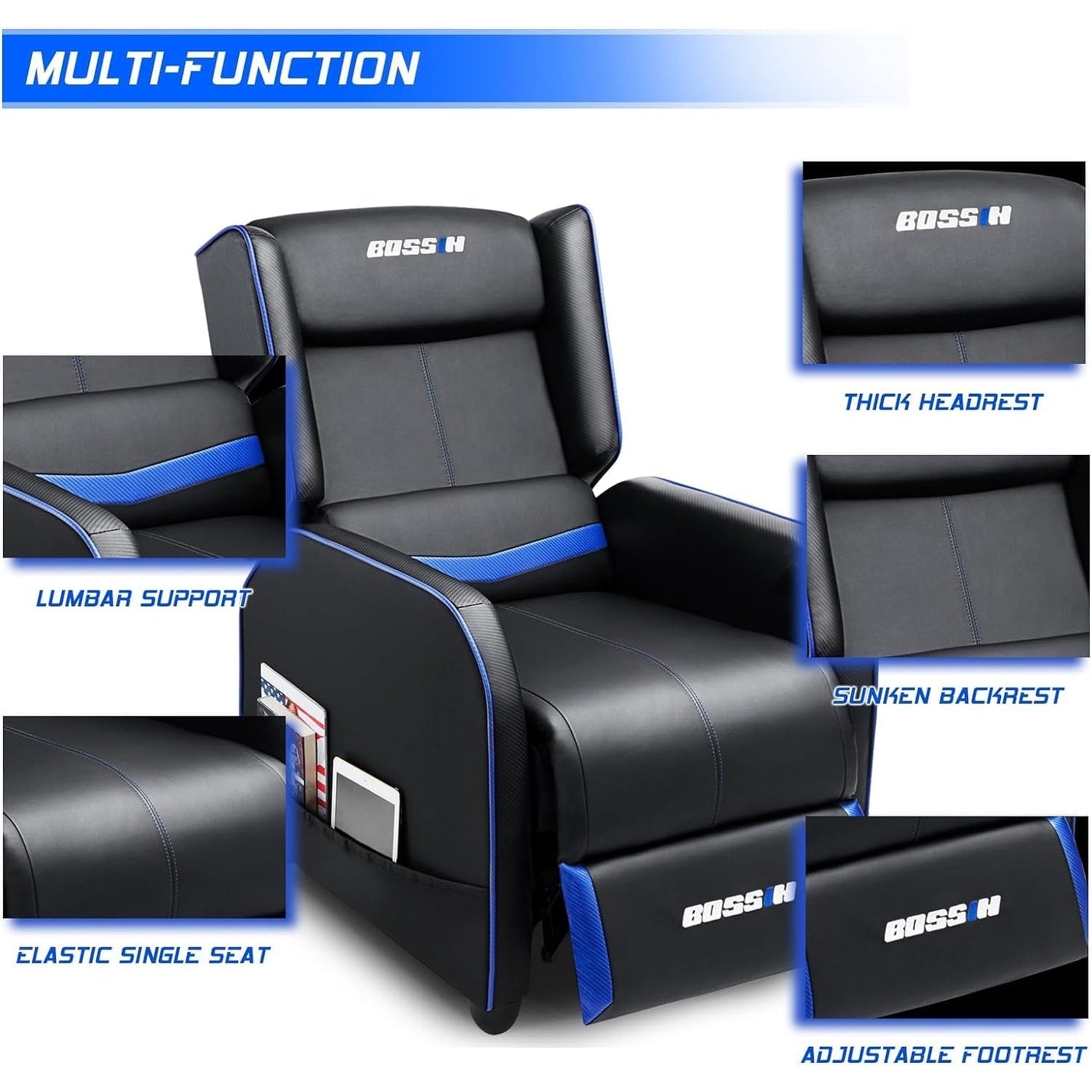 BOSSIN Ergonomischer Gaming-Sessel mit Liegefunktion aus PU-Leder für das Wohnzimmer