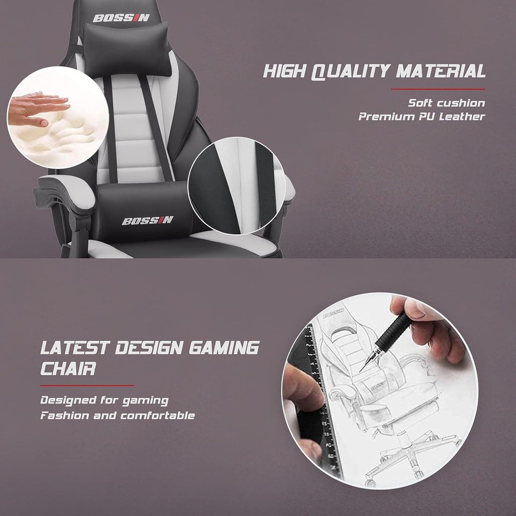 BOSSIN Gaming-Stuhl im Rennstil, 136 kg belastbar, großer und schwerer Gaming-Stuhl mit hoher Rückenlehne