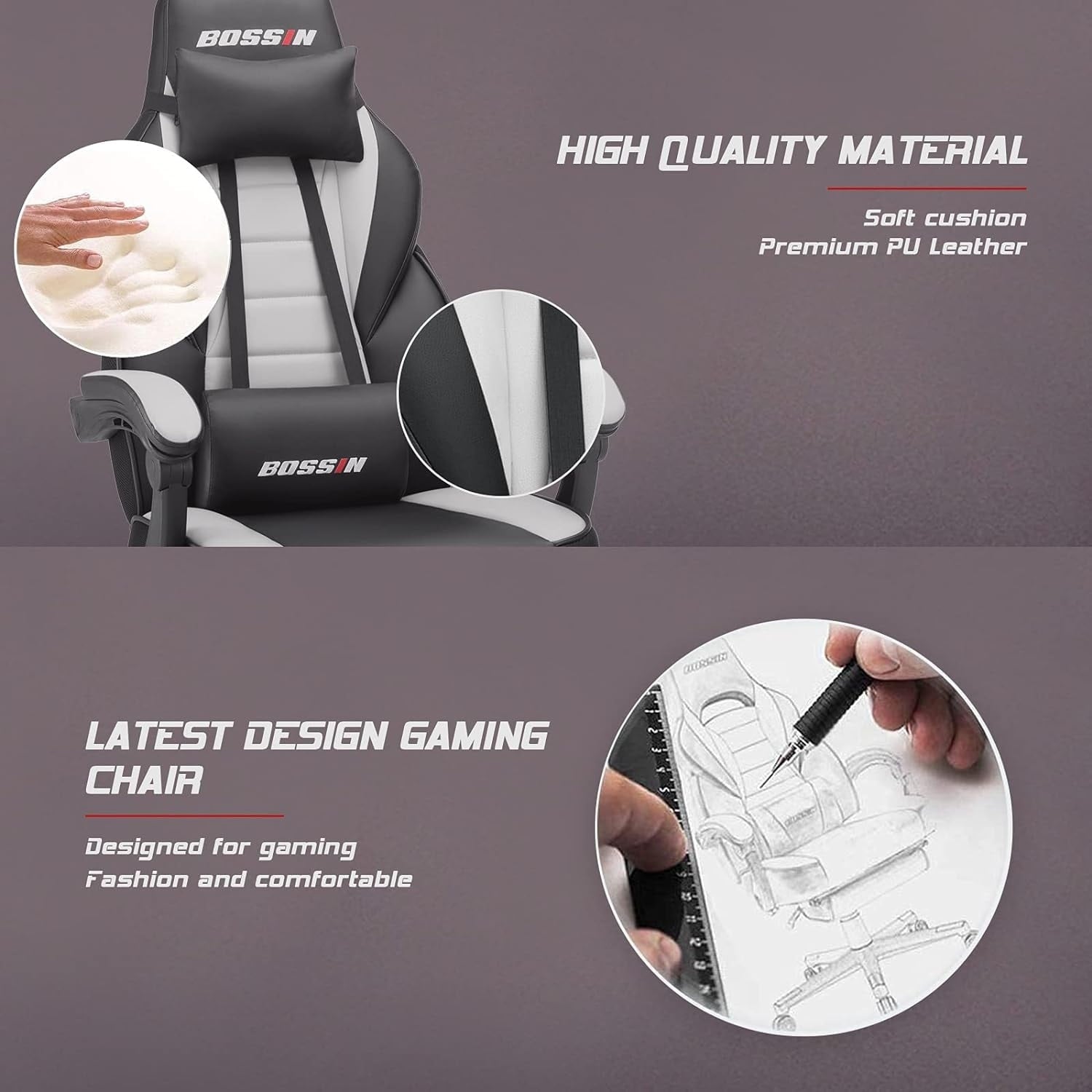 BOSSIN Gaming-Stuhl im Rennstil, 136 kg belastbar, großer und schwerer Gaming-Stuhl mit hoher Rückenlehne