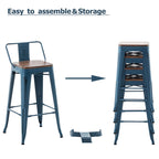 Barhocker mit Rückenlehne, 4er-Set, industrielle Metallbarhocker mit Holzsitzen
