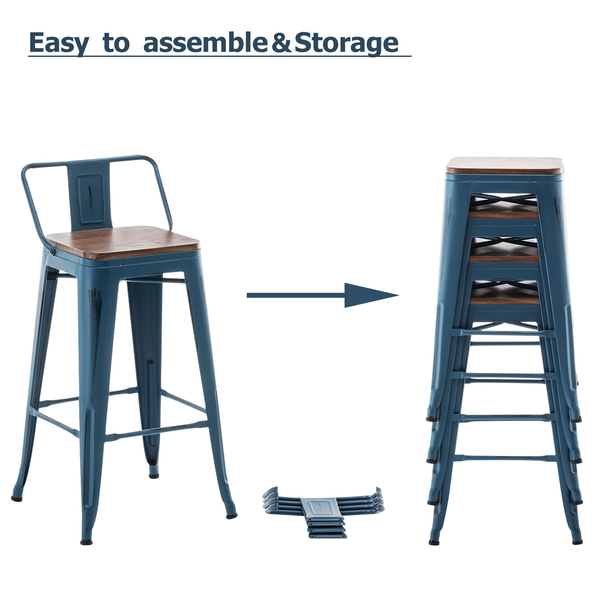 Barhocker mit Rückenlehne, 4er-Set, industrielle Metallbarhocker mit Holzsitzen