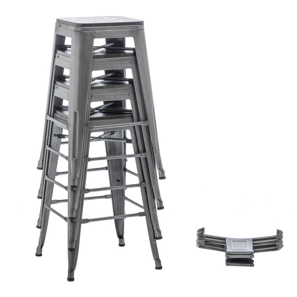 Barhocker mit Rückenlehne, 4er-Set, industrielle Metallbarhocker mit Holzsitzen