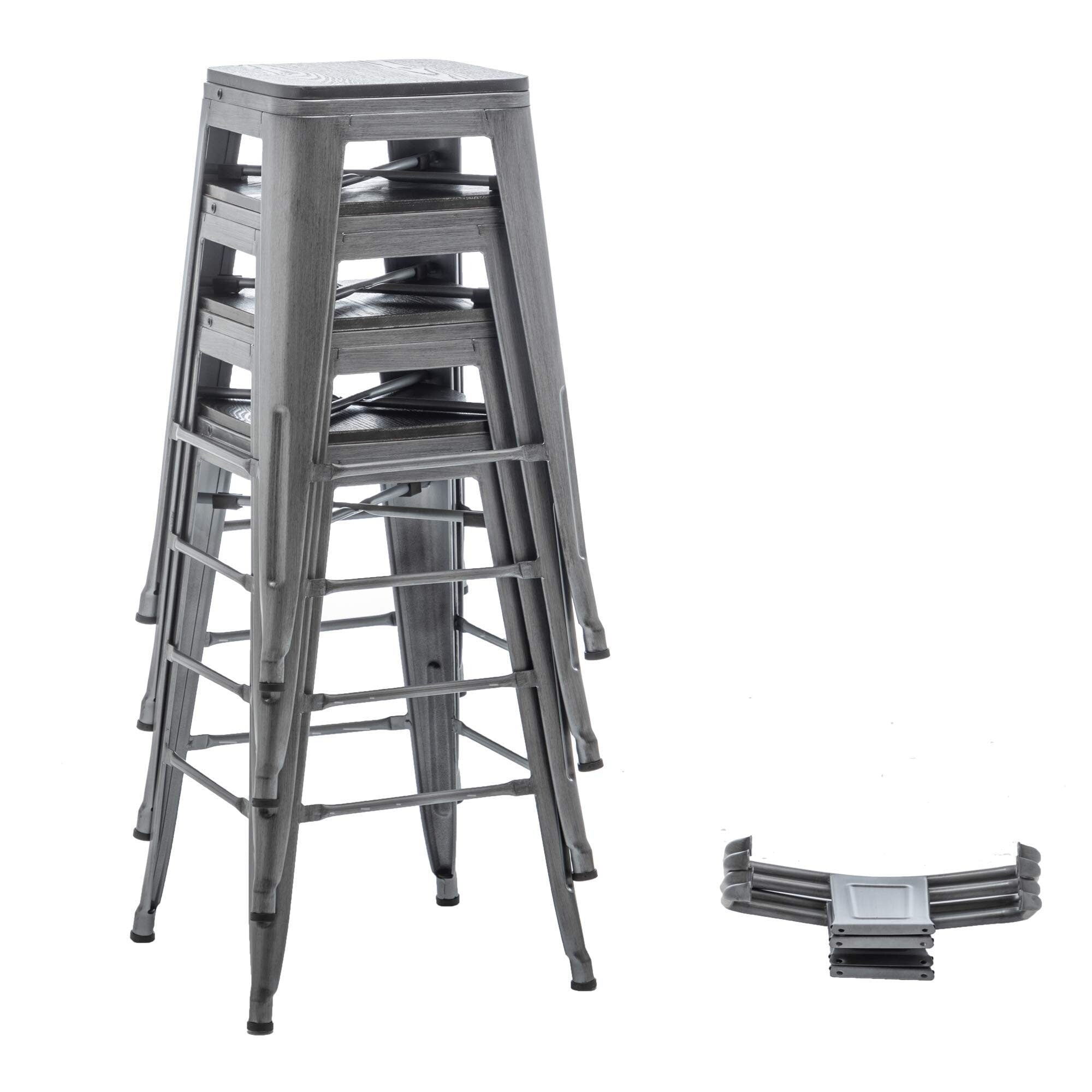 Barhocker mit Rückenlehne, 4er-Set, industrielle Metallbarhocker mit Holzsitzen