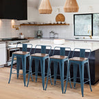 Barhocker mit Rückenlehne, 4er-Set, industrielle Metallbarhocker mit Holzsitzen