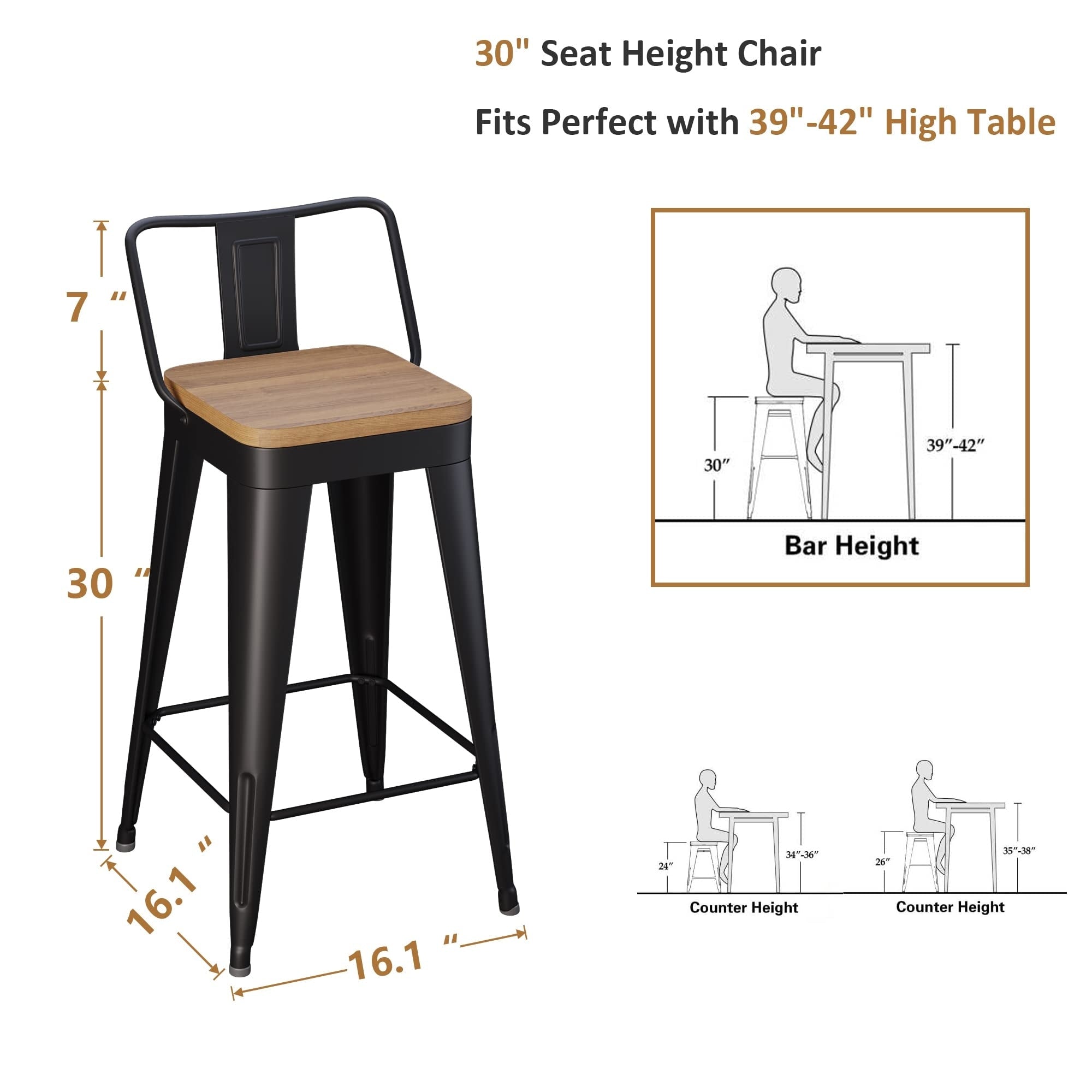 Barhocker mit Rückenlehne, 4er-Set, industrielle Metallbarhocker mit Holzsitzen