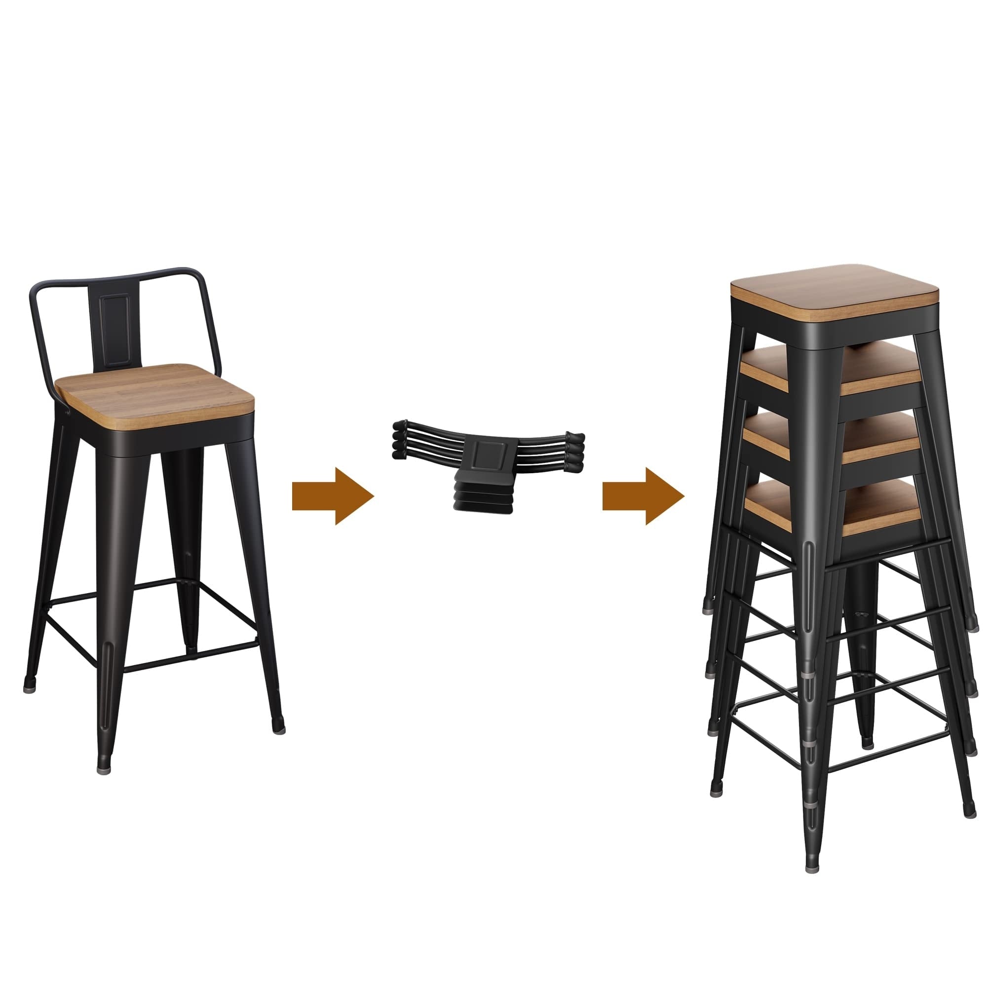 Barhocker mit Rückenlehne, 4er-Set, industrielle Metallbarhocker mit Holzsitzen