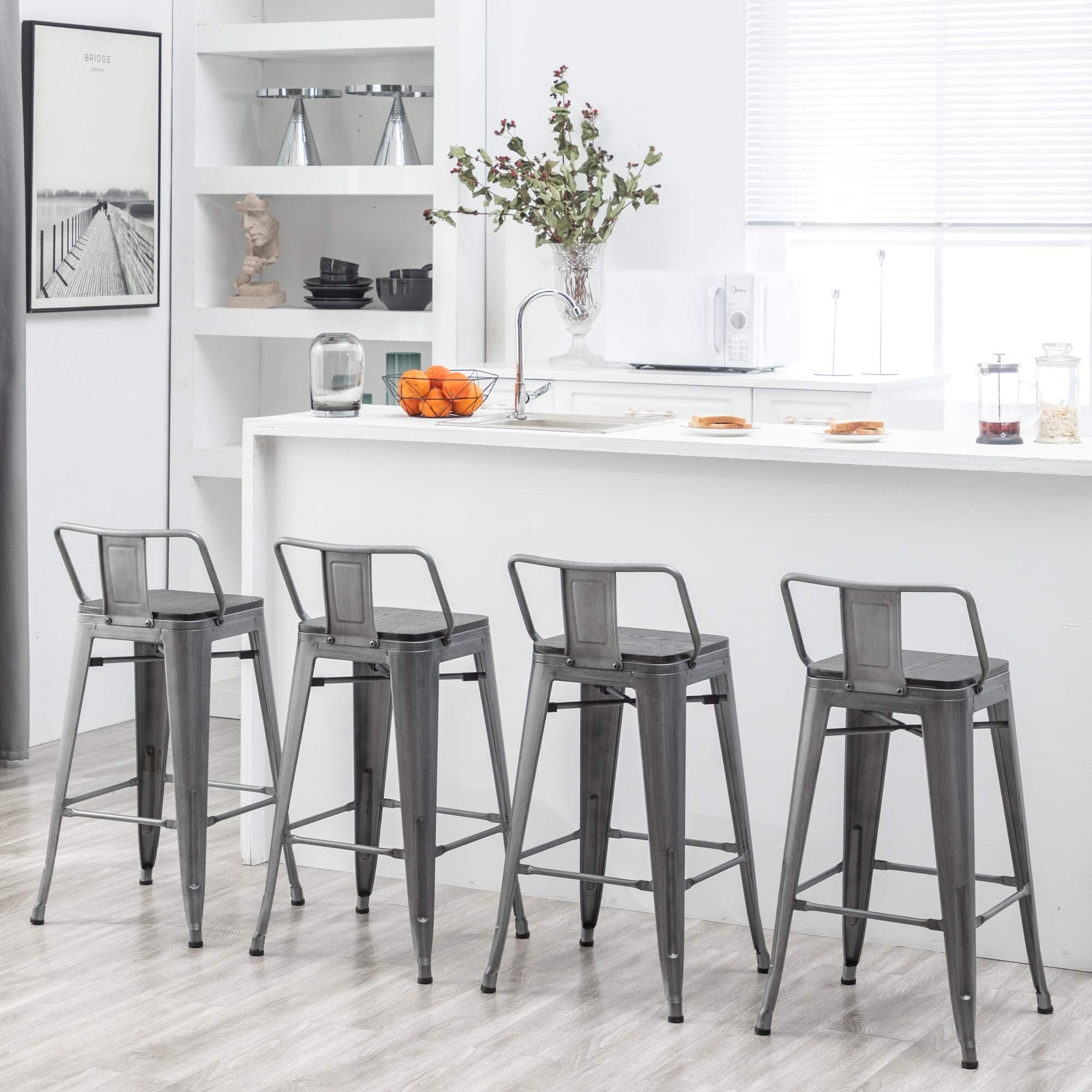 Barhocker mit Rückenlehne, 4er-Set, industrielle Metallbarhocker mit Holzsitzen