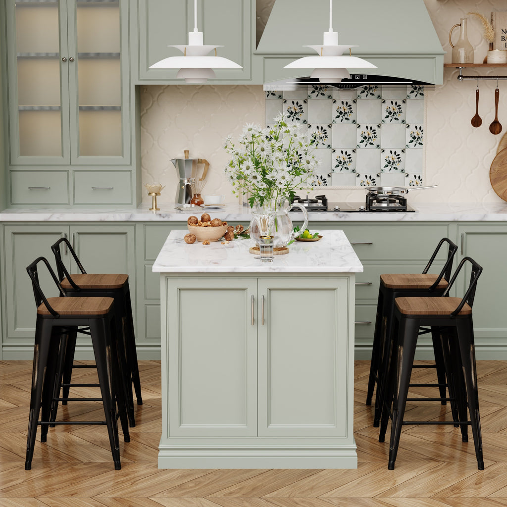 Barhocker mit Rückenlehne, 4er-Set, industrielle Metallbarhocker mit Holzsitzen