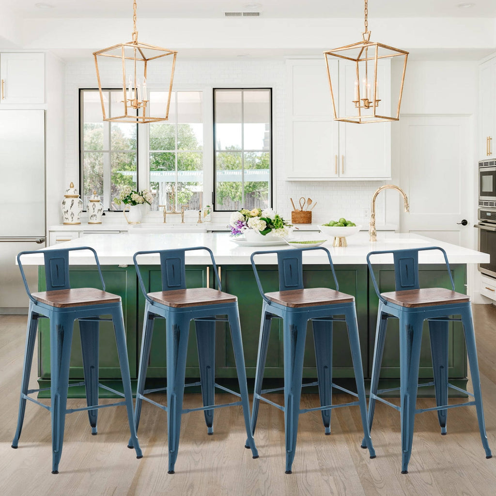 Barhocker mit Rückenlehne, 4er-Set, industrielle Metallbarhocker mit Holzsitzen