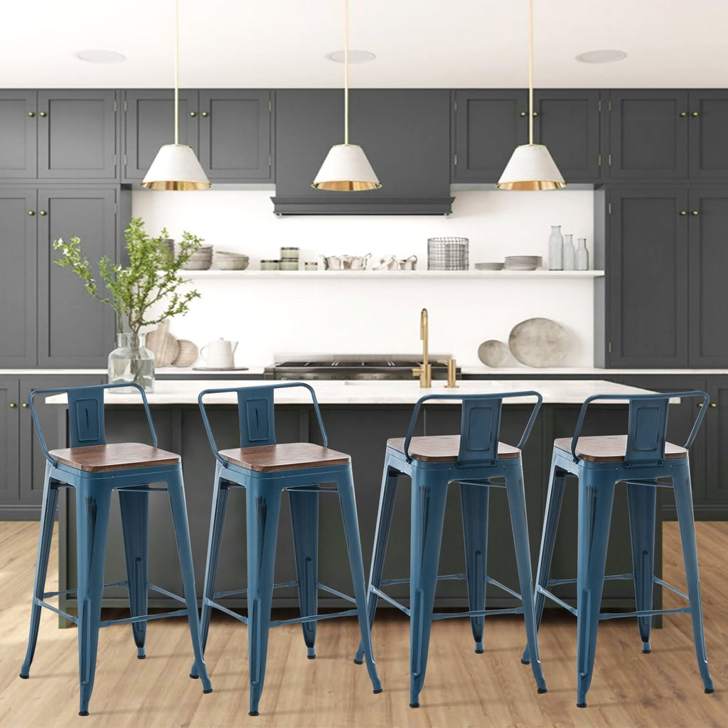 Barhocker mit Rückenlehne, 4er-Set, industrielle Metallbarhocker mit Holzsitzen