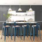 Barhocker mit Rückenlehne, 4er-Set, industrielle Metallbarhocker mit Holzsitzen
