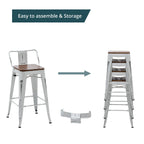 Barhocker mit Rückenlehne, 4er-Set, industrielle Metallbarhocker mit Holzsitzen
