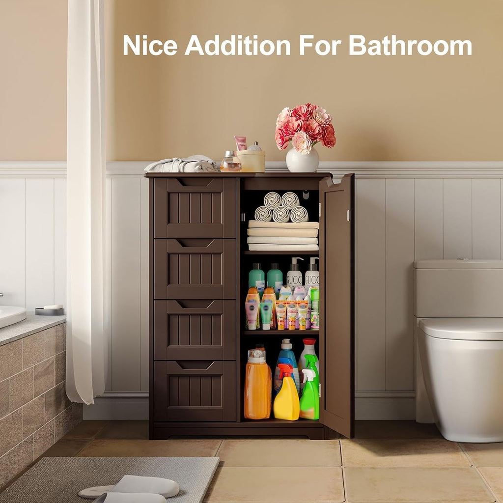 Badezimmer-Bodenschrank, freistehender Bodenschrank mit 4 Schubladen und verstellbarem Einlegeboden