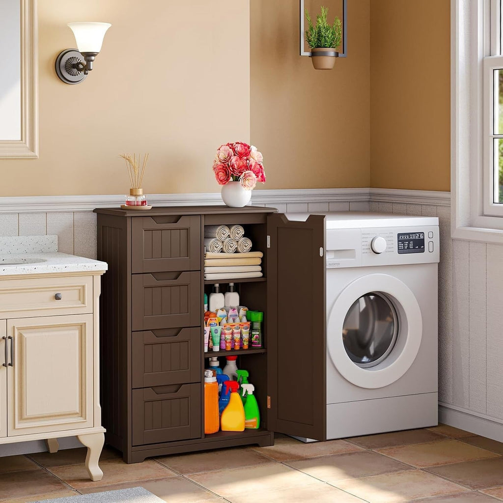 Badezimmer-Bodenschrank, freistehender Bodenschrank mit 4 Schubladen und verstellbarem Einlegeboden