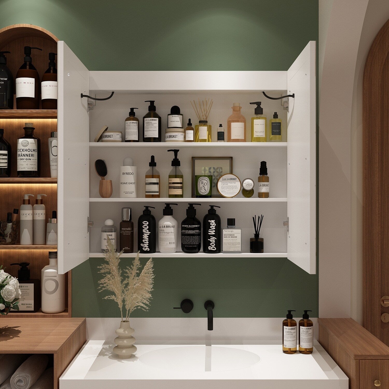 Badezimmer-Spiegelschrank mit LED-Beleuchtung, beschlagfrei, 6000 K, Wandschrank, Weiß