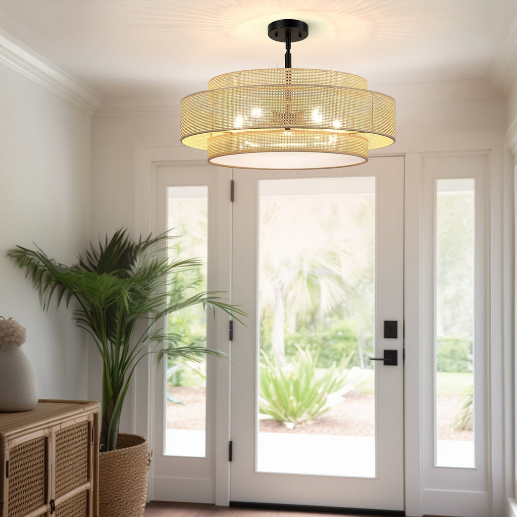 Bayou 5-flammiger schwarzer Küsten-Trommel-Kronleuchter mit doppeltem Rattanschirm – 61 cm breit