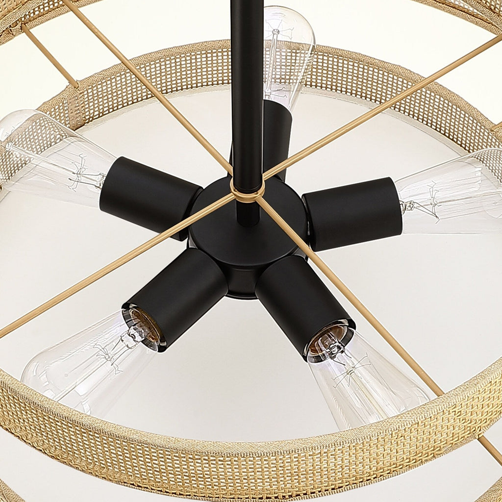 Bayou 5-flammiger schwarzer Küsten-Trommel-Kronleuchter mit doppeltem Rattanschirm – 61 cm breit